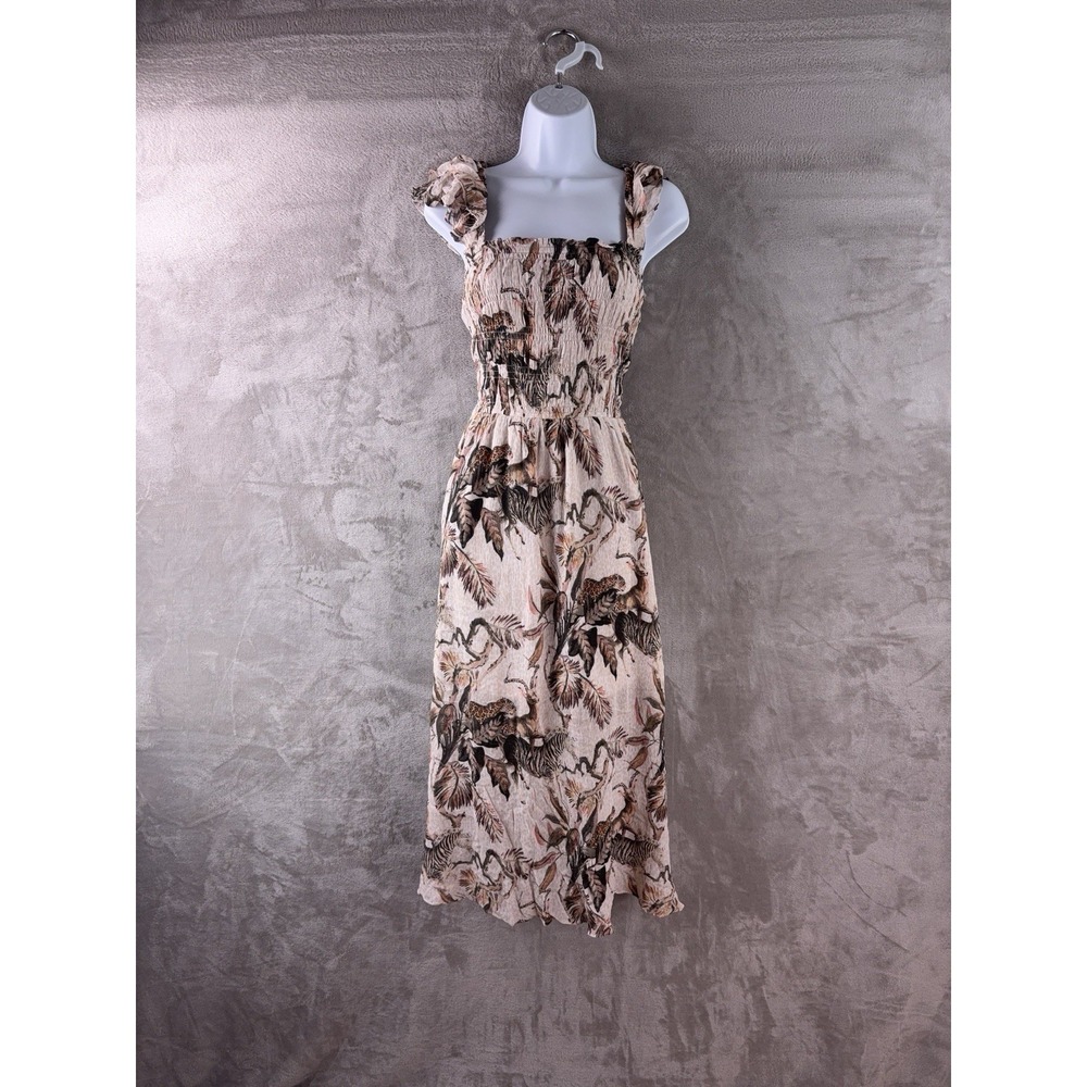 ALLSAINTS Mali Ukushisa Dress Womens Size 4 Beige Floral Smocked Midi Viscose